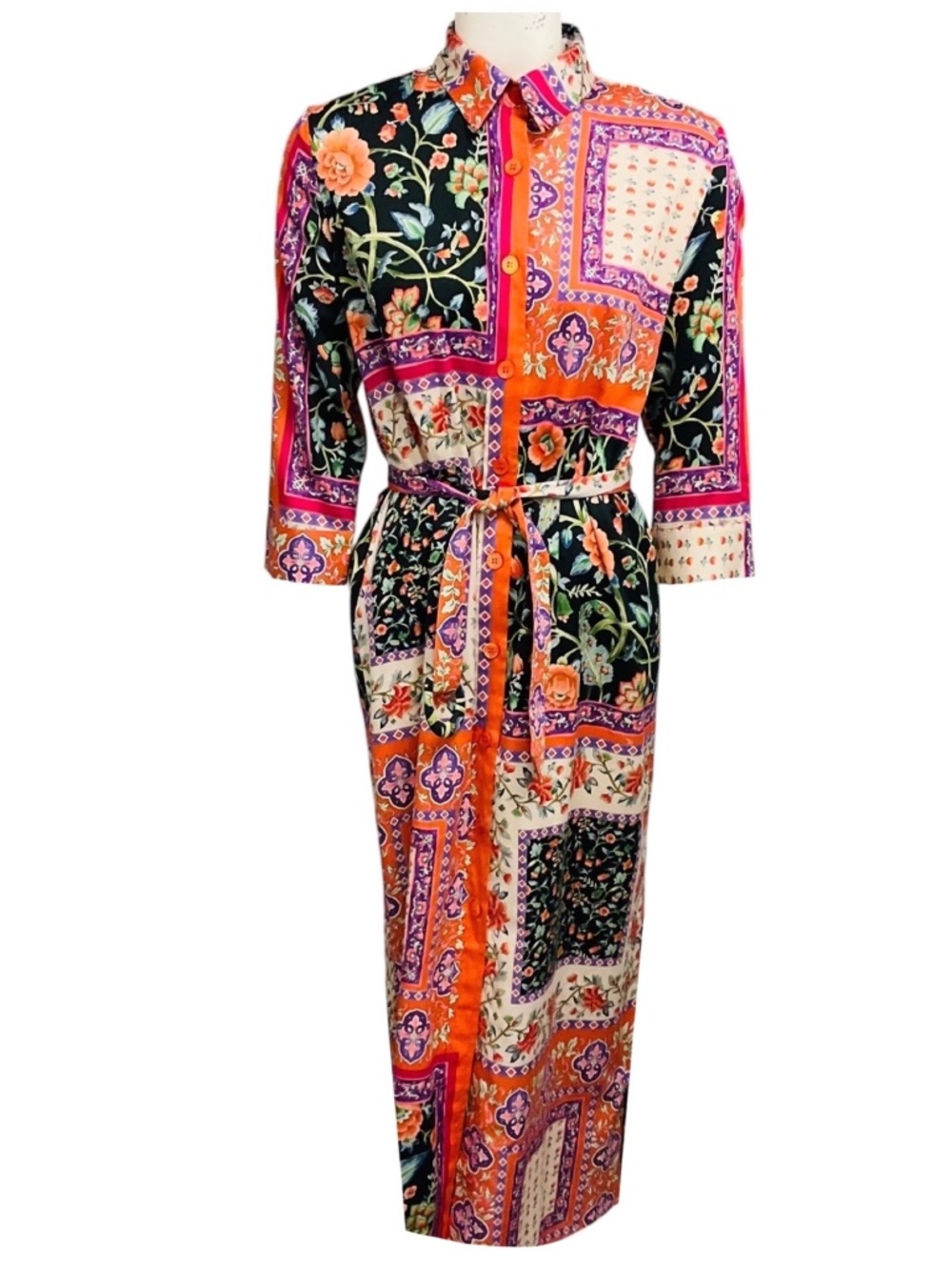 EVI GRINTELA BLACK / ORANGE / PURPLE MULTI PRINTED MAXI SHIRTDRESS WITH BELT